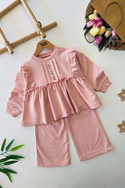 Miniğimin Cicileri Çiçek İşleme Detaylı Fistolu Kız Çocuk Pamuk Takım - Somon