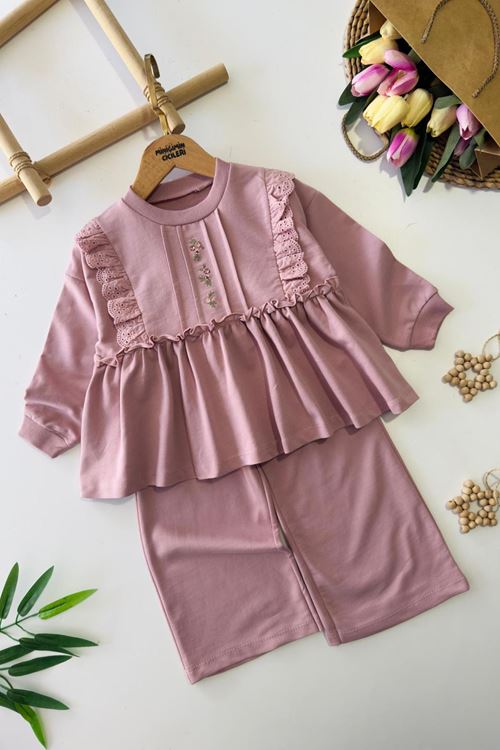 Miniğimin Cicileri Çiçek İşleme Detaylı Fistolu Kız Çocuk Pamuk Takım - Gül Kurusu