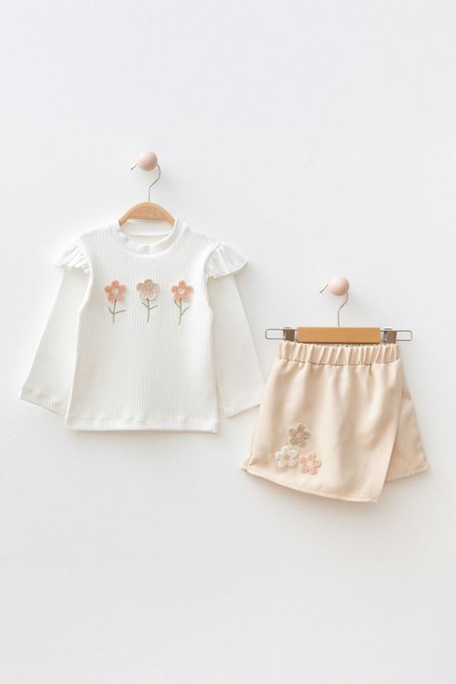 Miniğimin Cicileri Papatya Örgü Detaylı Kız Çocuk Şort Etekli Takım - Krem