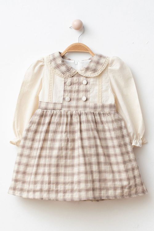 Miniğimin Cicileri Ekose Düğme Detaylı Kız Çocuk Pamuk Elbise - Kahve