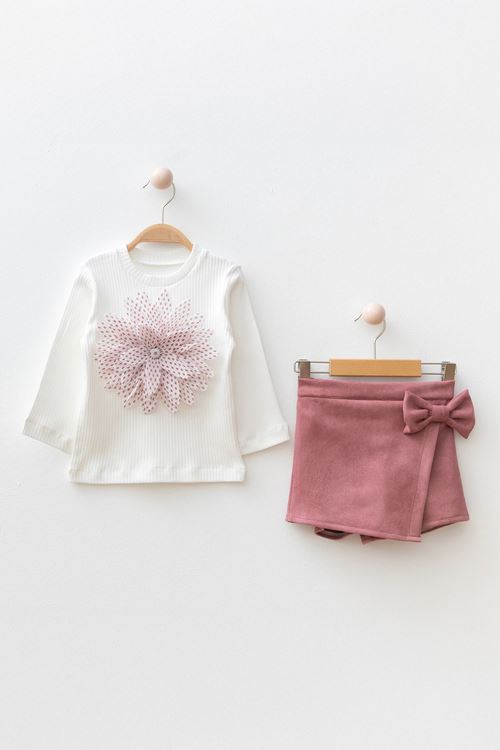 Miniğimin Cicileri Süet Şort Etekli Kız Çocuk 2 li Takım - Pembe