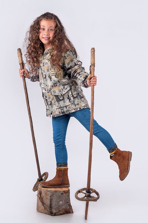 Miniğimin Cicilerin Lama Desenli Kapüşonlu Kız Çocuk Kürklü Kışlık Mont - Yeşil