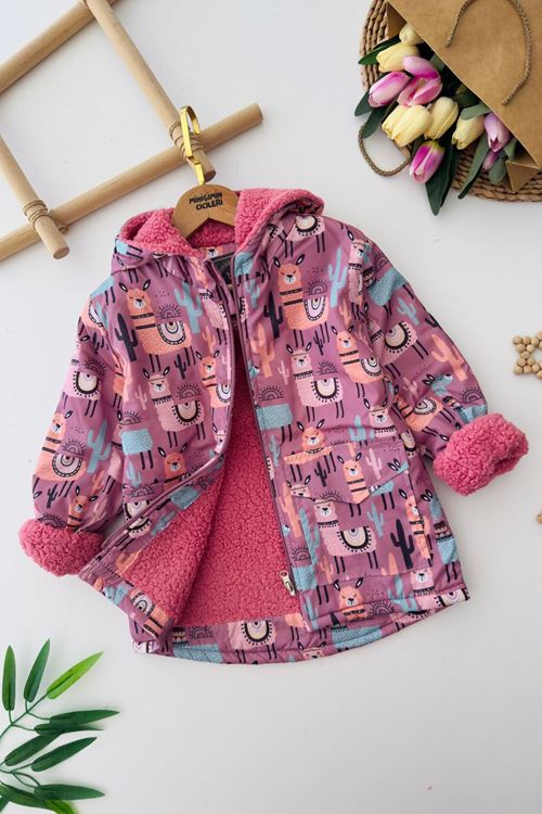 Miniğimin Cicilerin Lama Desenli Kapüşonlu Kız Çocuk Kürklü Kışlık Mont - Mor