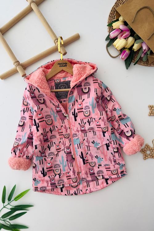 Miniğimin Cicilerin Lama Desenli Kapüşonlu Kız Çocuk Kürklü Kışlık Mont - Pembe