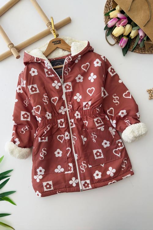 Miniğimin Cicileri SS Papatya Desenli Kız Çocuk Kürklü Mont - Kiremit