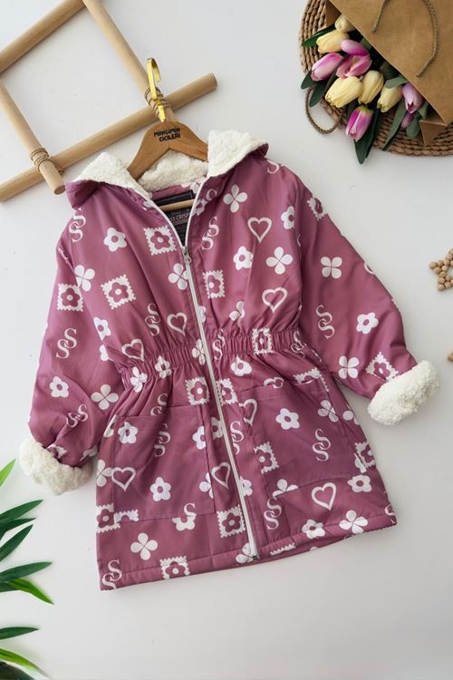 Miniğimin Cicileri SS Papatya Desenli Kız Çocuk Kürklü Mont - Gül Kurusu