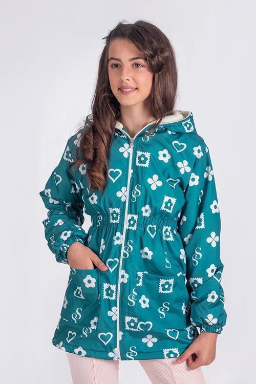 Miniğimin Cicileri SS Papatya Desenli Kız Çocuk Kürklü Mont - Yeşil