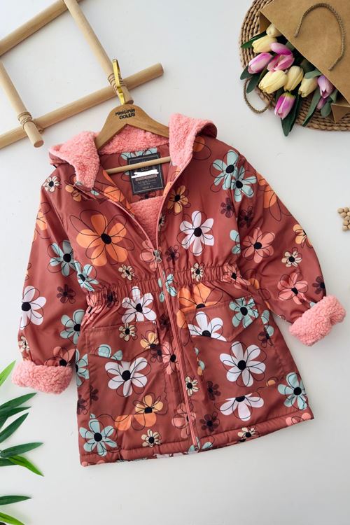Miniğimin Cicileri Çiçek Baskılı İçi Welsoft Kız Çocuk Mevsimlik Mont - Kiremit