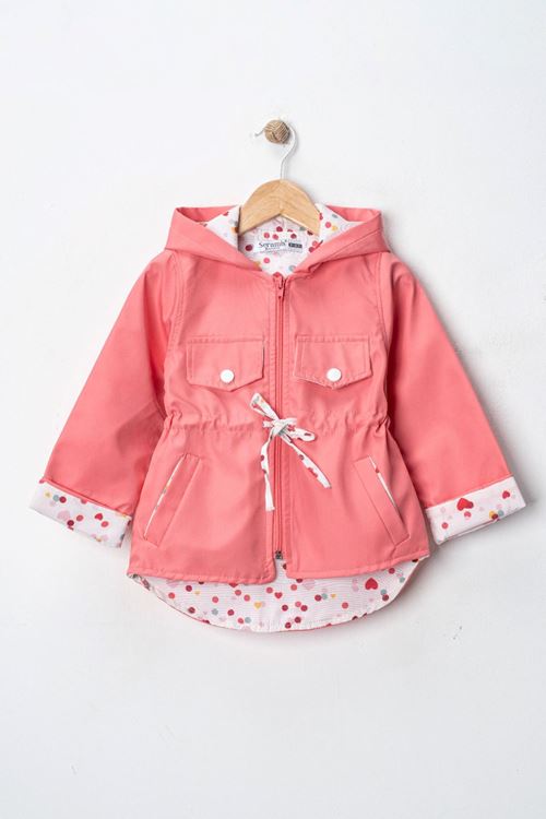Miniğimin Cicileri Trençkot Puantiye Astarlı İp Büzgülü Kız Çocuk - Nar Çiçeği