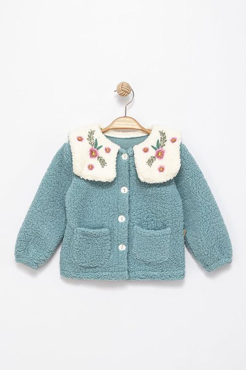 Miniğimin Cicileri Kuzu Yaka Çiçek Nakış Detaylı Kız Çocuk Hırka - Yeşil