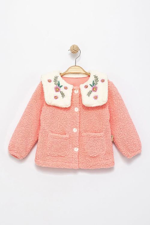Miniğimin Cicileri Kuzu Yaka Çiçek Nakış Detaylı Kız Çocuk Hırka - Somon