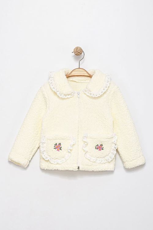Miniğimin Cicileri Kuzu Cep Çiçek Nakış Detaylı Kız Çocuk Hırka - Krem