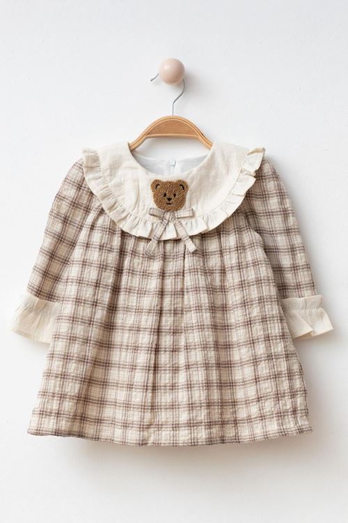 Miniğimin Cicileri Ayıcık Panç Detaylı Kız Çocuk Pamuk Elbise - Kahve