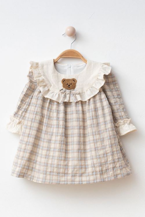 Miniğimin Cicileri Ayıcık Panç Detaylı Kız Çocuk Pamuk Elbise - Mavi