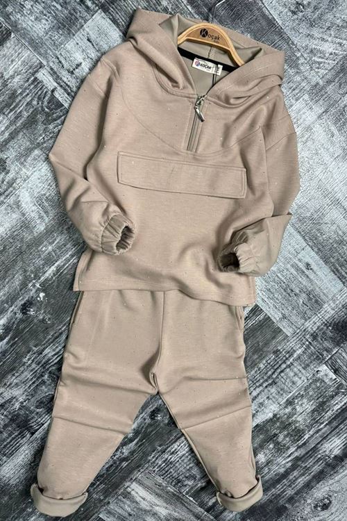 Miniğimin Cicileri Taş İşlemeli Kapüşonlu Kız Çocuk Takım - Krem