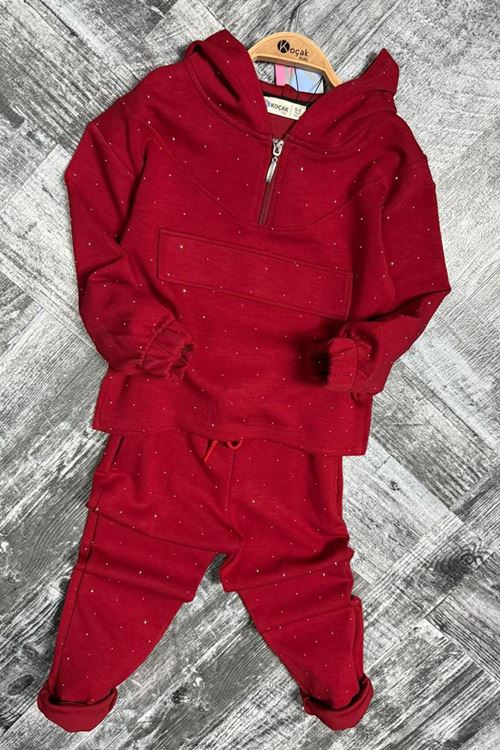 Miniğimin Cicileri Taş İşlemeli Kapüşonlu Kız Çocuk Takım - Kırmızı