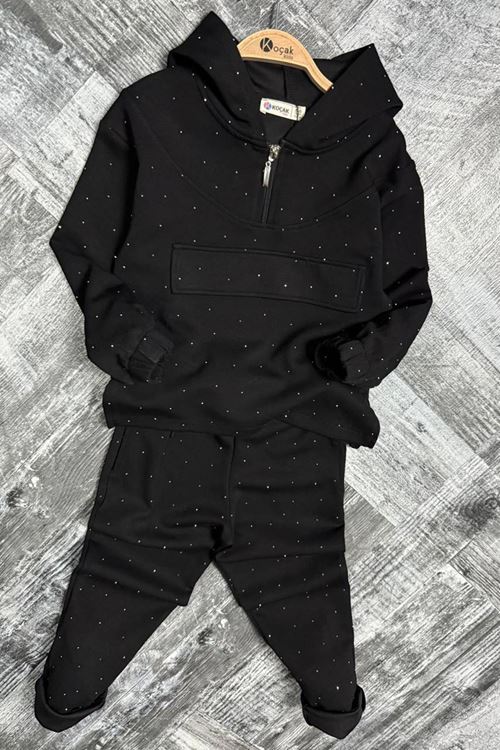 Miniğimin Cicileri Taş İşlemeli Kapüşonlu Kız Çocuk Takım - Siyah