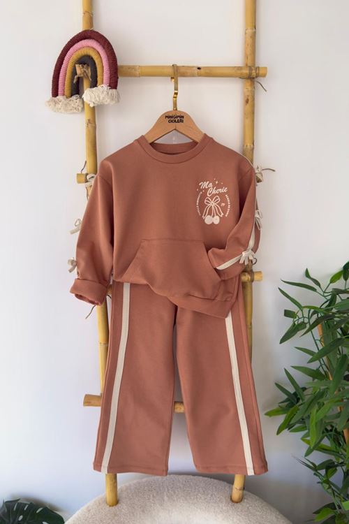 Miniğimin Cicileri Kiraz Baskılı Fiyonk Detaylı Kız Çocuk Takım - Kahve