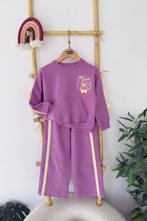 Miniğimin Cicileri Kiraz Baskılı Fiyonk Detaylı Kız Çocuk Takım - Mor