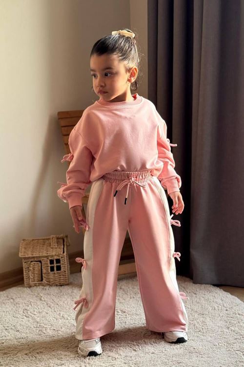 Miniğimin Cicileri Fiyonk Detaylı Şeritli Kız Çocuk Takım - Pembe