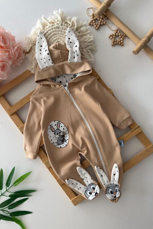 Miniğimin Cicileri Tavşan Detaylı unisex Bebek Penye Tulum - Sütlü Kahve