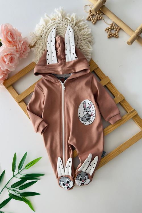 Miniğimin Cicileri Tavşan Detaylı unisex Bebek Penye Tulum - Koyu Kahverengi