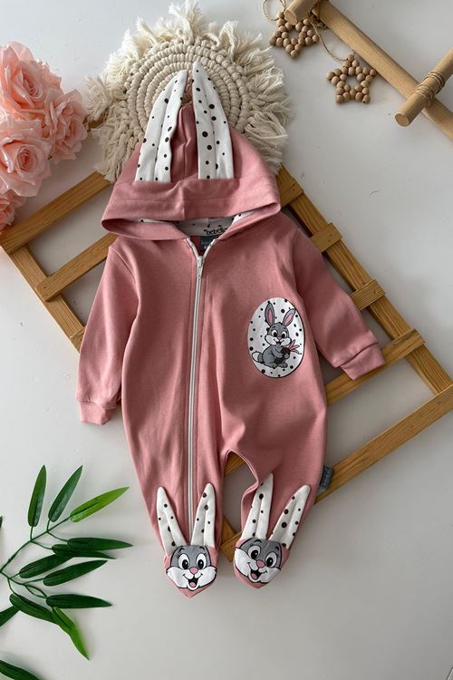 Miniğimin Cicileri Tavşan Detaylı unisex Bebek Penye Tulum - Pembe