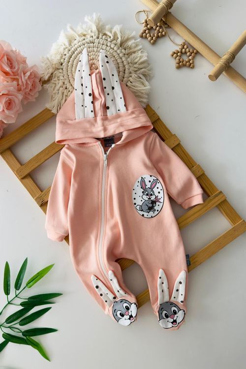 Miniğimin Cicileri Tavşan Detaylı unisex Bebek Penye Tulum - Somon