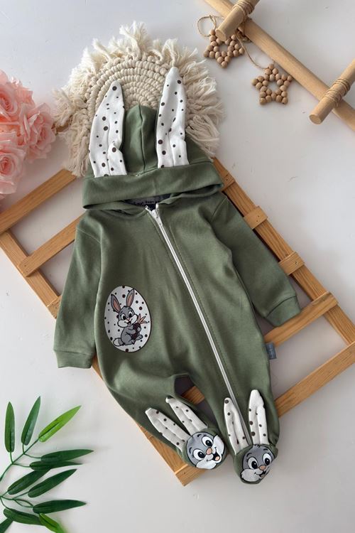 Miniğimin Cicileri Tavşan Detaylı unisex Bebek Penye Tulum - Yeşil