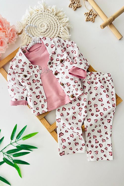 Miniğimin Cicileri Kalp Detaylı Gabardin Kız Çocuk Ceketli 3 lü Takım - Pembe