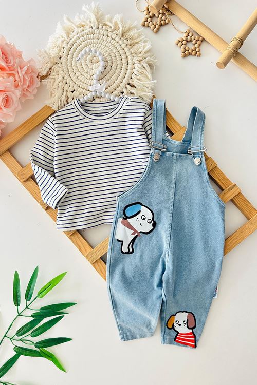 Miniğimin Cicileri Köpek Baskılı Erkek Bebek Kot Salopetli Takım - Açık Mavi