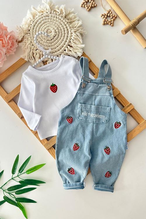 Miniğimin Cicileri Çilek Baskılı Kız Bebek Kot Salopetli Takım - Açık Mavi