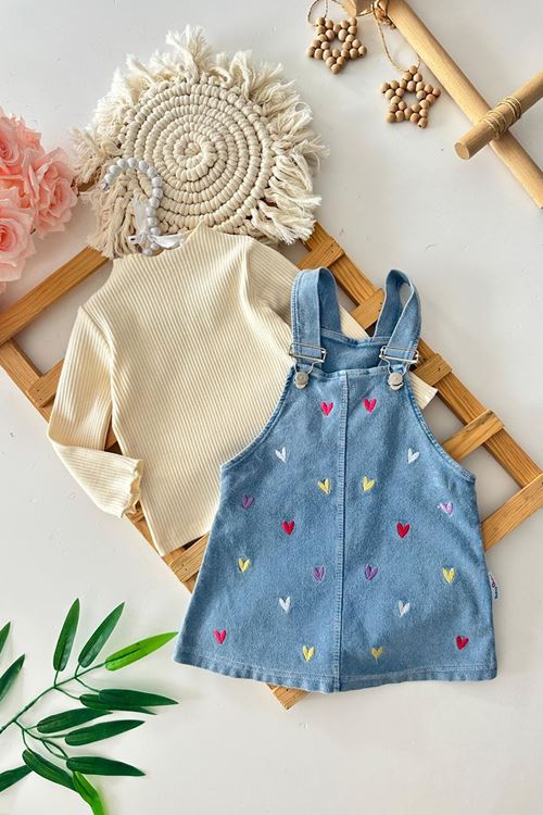 Miniğimin Cicileri Renkli Kalp Baskılı Kız Bebek Kot Jileli Takım - Krem