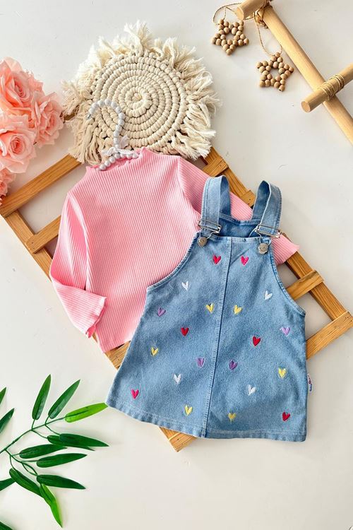 Miniğimin Cicileri Renkli Kalp Baskılı Kız Bebek Kot Jileli Takım - Pembe