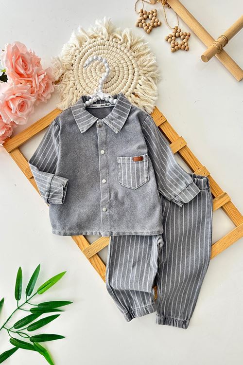 Miniğimin Cicileri Çizgili Cepli Erkek Bebek Takım - Gri