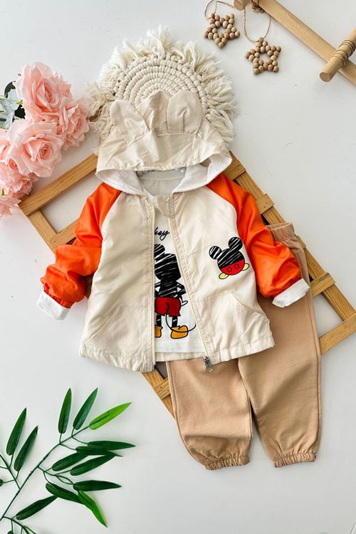 Miniğimin Cicileri Mck Baskılı Kapüşonlu Erkek Bebek 3 lü Takım - Krem