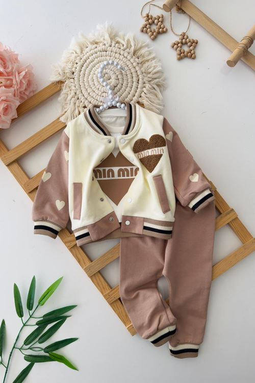 Miniğimin Cicileri Kalp Panç İşleme Detaylı Kız Bebe Kolej Takım - Kahve