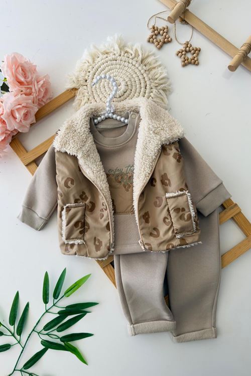 Miniğimin Cicileri Leopar Kürklü Yelekli Kız Bebe 3 lü Takım - Krem