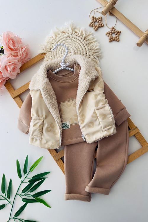 Miniğimin Cicileri Leopar Kürklü Yelekli Kız Bebe 3 lü Takım - Kahve