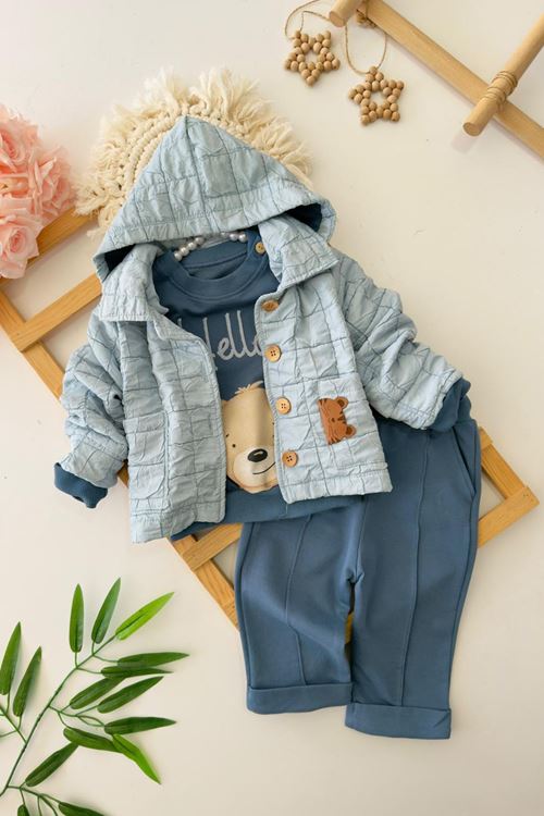 Miniğimin Cicileri Hello Ayıcık Desenli Kapitoneli Erkek Bebe 3 lü Takım - Mavi