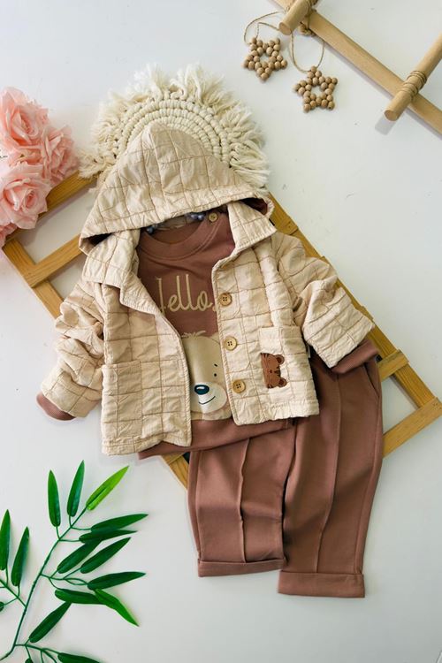 Miniğimin Cicileri Hello Ayıcık Desenli Kapitoneli Erkek Bebe 3 lü Takım - Kahve