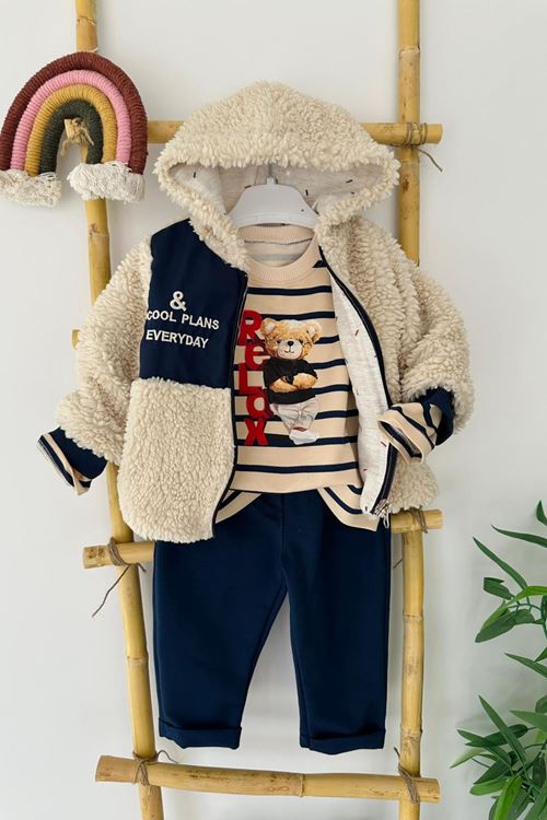 Miniğimin Cicileri Relax Ayıcık Baskılı Kuzu Montlu Erkek Bebe 3 lü Takım - Lacivert