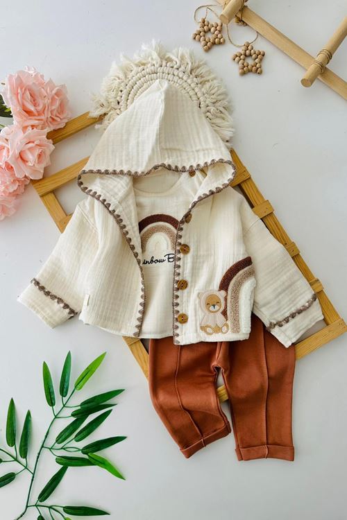 Miniğimin Cicileri Müslin Gökkuşağı Panç Detaylı Erkek Bebek 3 lü Takım - Kiremit