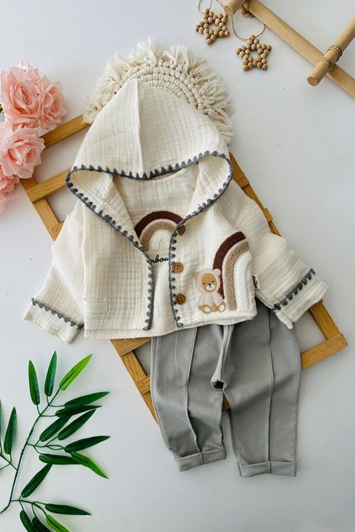 Miniğimin Cicileri Müslin Gökkuşağı Panç Detaylı Erkek Bebek 3 lü Takım - Gri