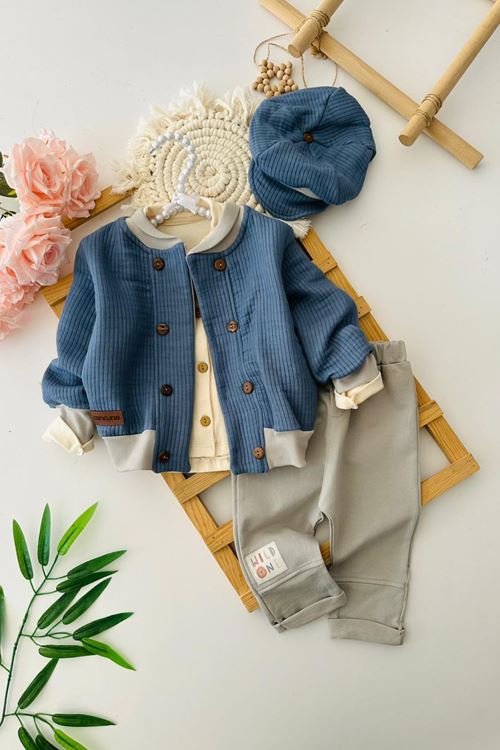 Miniğimin Cicileri Wild One Erkek Bebek 3’lü Pamuklu Ceketli Takım - Mavi