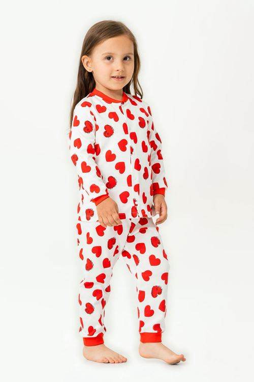 Miniğimin Cicileri Kalp Baskılı Pamuklu Kız Çocuk Çıtçıtlı Pijama Takımı - Kırmızı