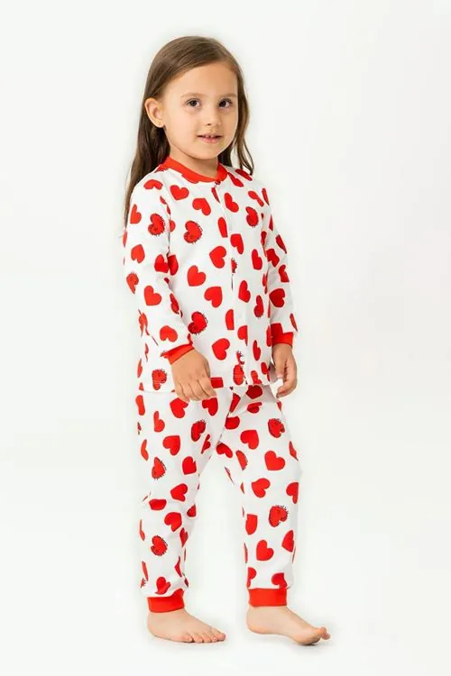 Miniğimin Cicileri Kalp Baskılı Pamuklu Kız Çocuk Çıtçıtlı Pijama Takımı - Kırmızı