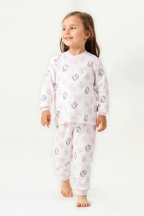 Miniğimin Cicileri Kalp Baskılı Pamuklu Kız Çocuk Çıtçıtlı Pijama Takımı - Pembe