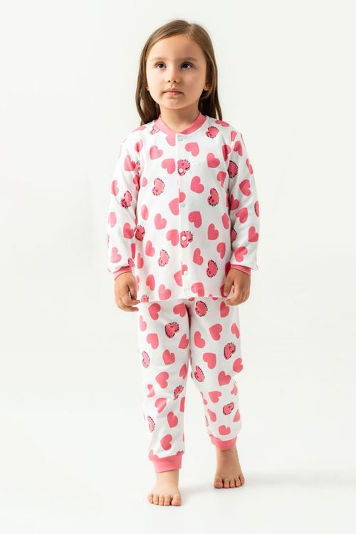 Miniğimin Cicileri Kalp Baskılı Pamuklu Kız Çocuk Çıtçıtlı Pijama Takımı - Gül