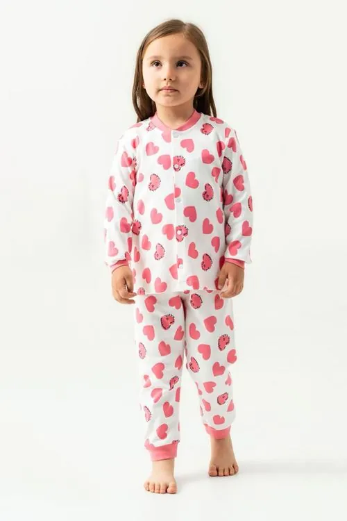 Miniğimin Cicileri Kalp Baskılı Pamuklu Kız Çocuk Çıtçıtlı Pijama Takımı - Gül